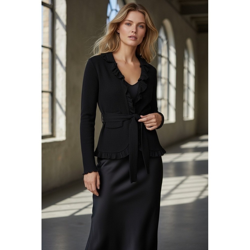213 Jacket Womens Size M Black Ruffle Trim Tie Waist Long Sleeve gaberdine wool